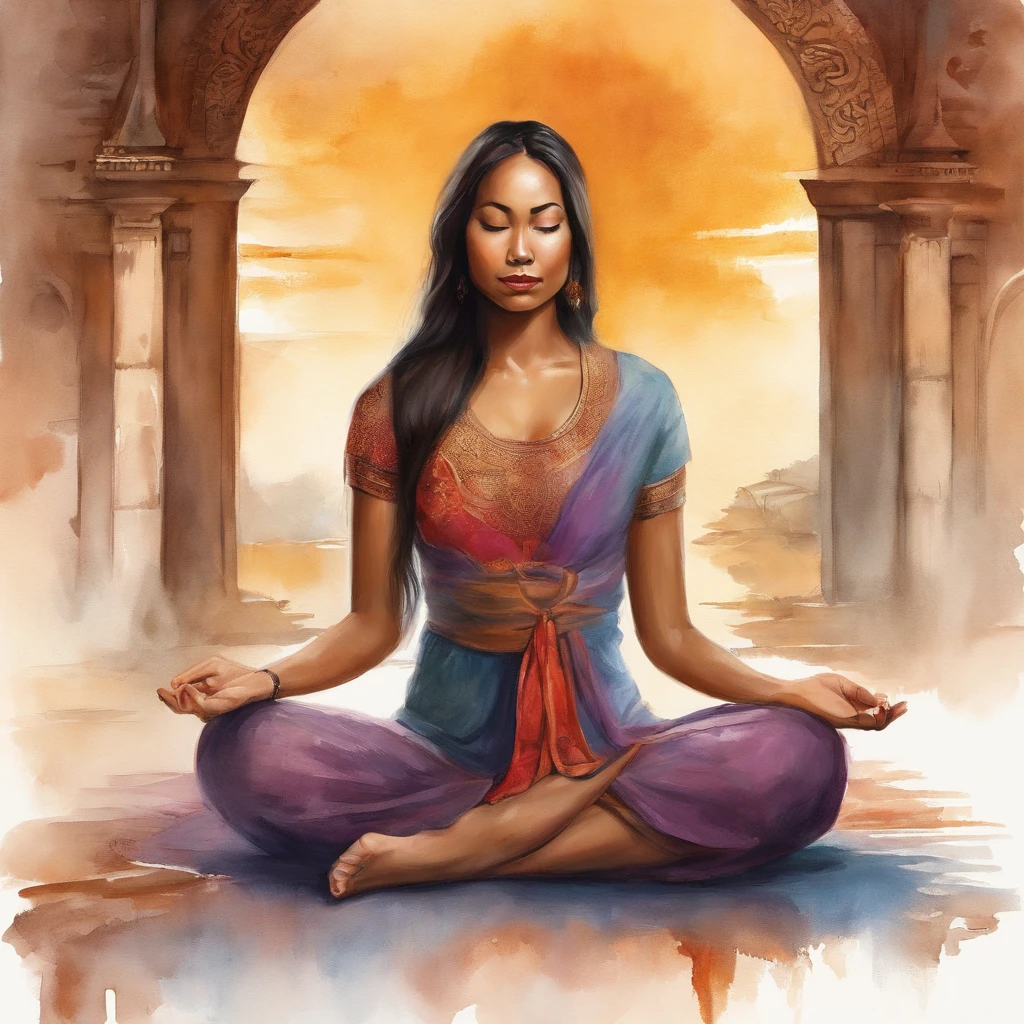 an asian woman， sitting in a meditation position, yoga, In front of the beautiful Orissant, As the sun sets, Related to the sacred,  director: Drew Tucker, director: Adam Marchinski, director: Alexander Kucharisky, director: Gavin Nolan, 8K surrealism, director: Jason Felix, Yuri Shwedoff e Tom Bagshaw, illustrative art, Estello Eric Johnson