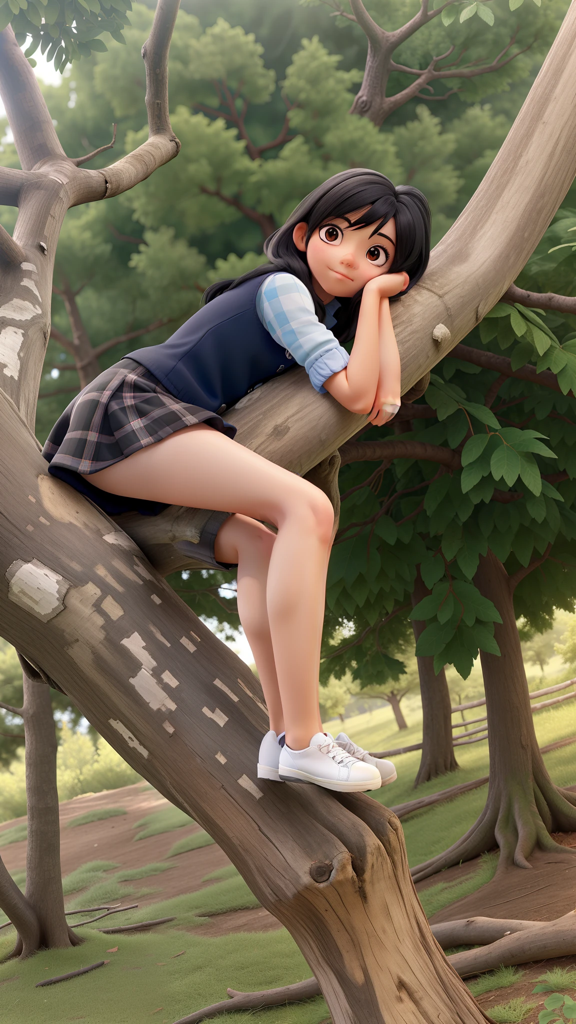 Black haired girl on top of a tree sitting
