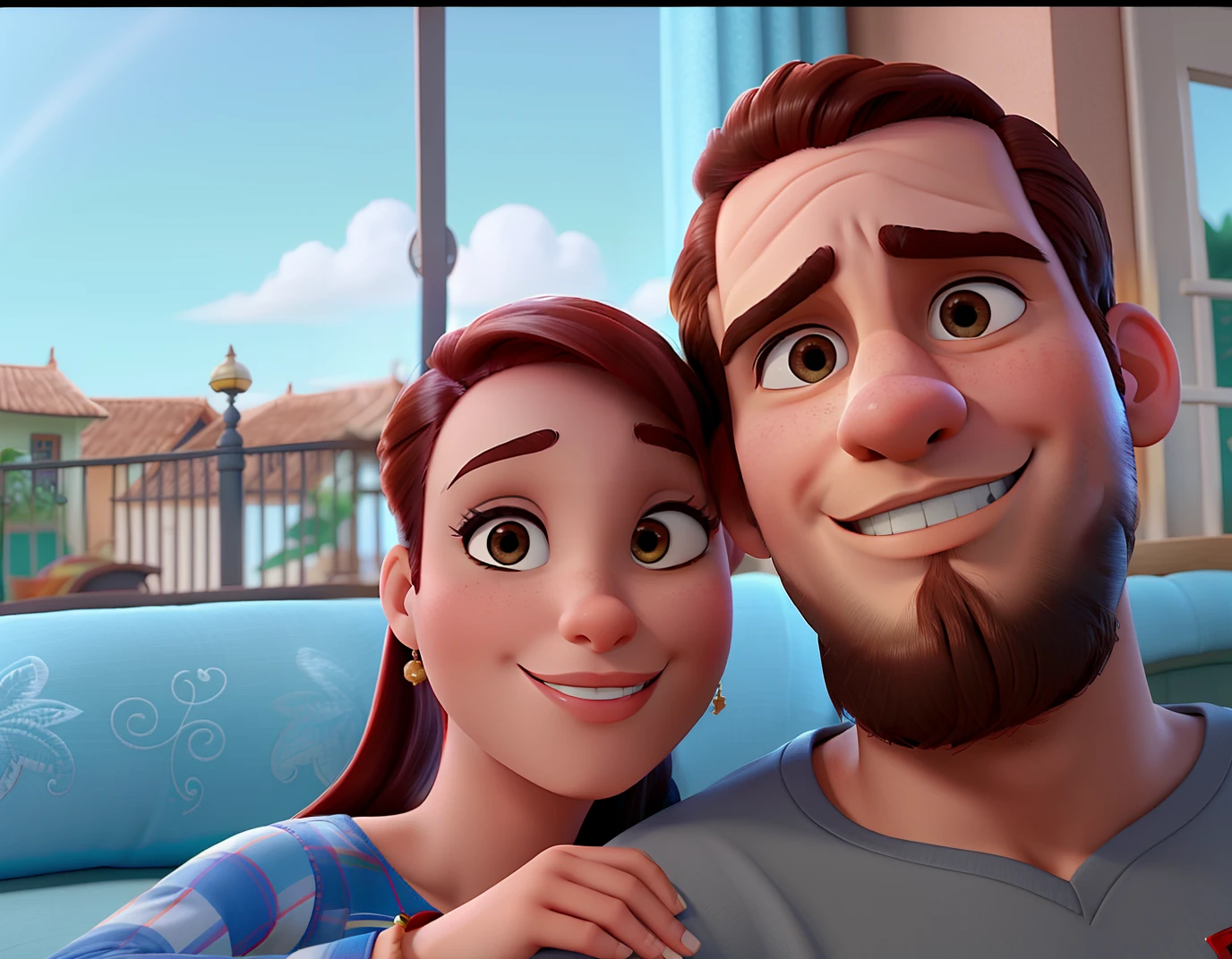 Casal (homem moreno e mulher branca) no estilo Disney Pixar, alta qualidade, melhor qualidade.