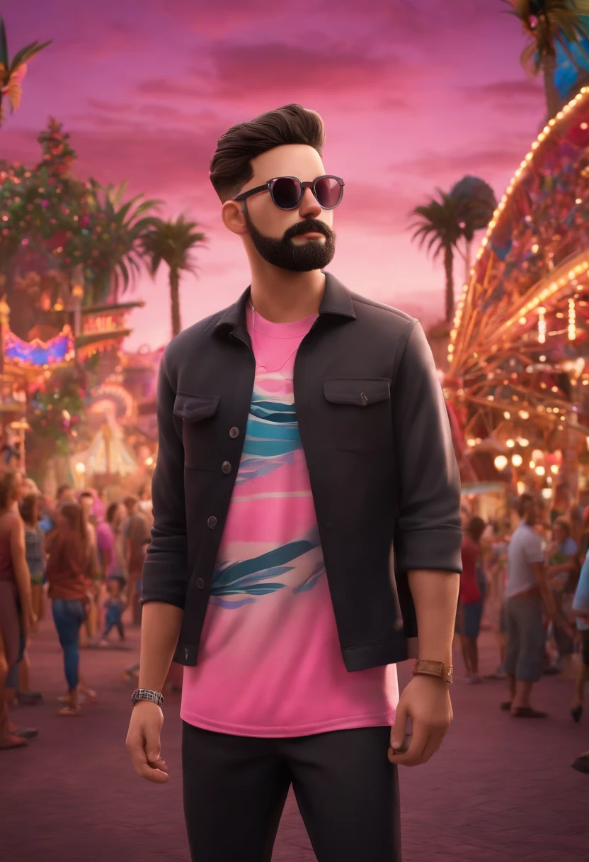 Disney/Pixar inspired 3D poster capturing a scene of a 20 year old, fair skinned man with soul patch beard, black razor fade hair, pink shirt, black shorts and amusement park background