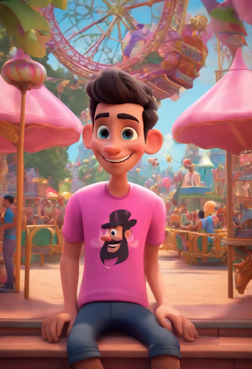 Disney/Pixar inspired 3D poster capturing a scene of a 20 year old, fair skinned man with soul patch beard, black razor fade hair, pink shirt, black shorts and amusement park background