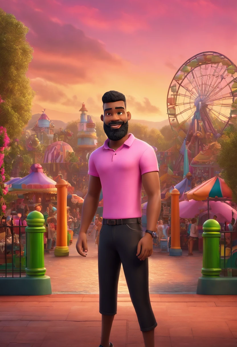 Disney/Pixar inspired 3D poster capturing a scene of a 20 year old, fair skinned man with soul patch beard, black razor fade hair, pink shirt, black shorts and amusement park background