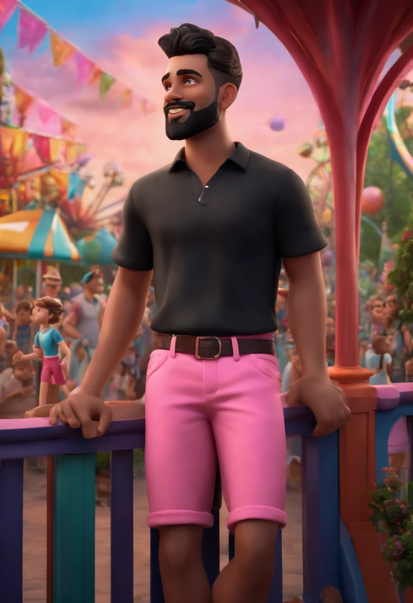 Disney/Pixar inspired 3D poster capturing a scene of a 20 year old, fair skinned man with soul patch beard, black razor fade hair, pink shirt, black shorts and amusement park background