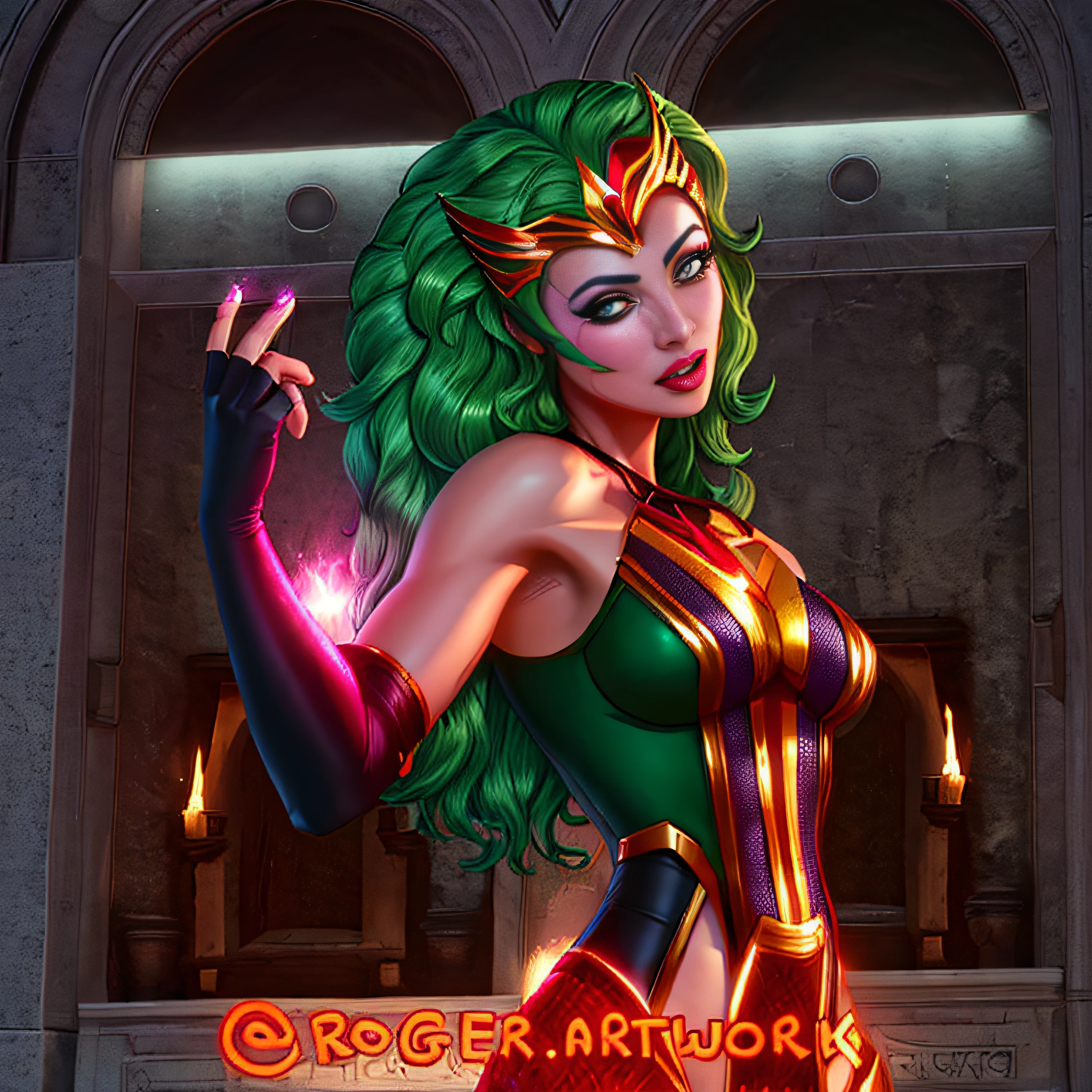 Facial features:

Wanda has soft facial features, with a mysterious, ethereal appearance.
Olhos: Olhos verdes profundos, expressivos e intensos.
Sobrancelhas: Sobrancelhas arqueadas, mas sutis.
Nariz: Um nariz delicado e reto.
labia: Full lips with an enigmatic expression.
Cabelo:

Wanda's hair varies in different incarnations, mas pode ser representado com cabelos castanhos ondulados que fluem livremente.
garments:

Ela pode ser retratada usando seu traje de Feiticeira Escarlate, que consiste em um corselete escarlate, capa escarlate com detalhes dourados e um capacete com chifres vermelho.
face expression:

Wanda should be portrayed with an expression that reflects her emotional complexity, com um toque de melancolia e intensidade.
Postura:

Sua postura pode ser graciosa, but at the same time charged with magical energy.
She may be performing some spell or manipulating reality.
Fundo:

The background can include magical elements, like sparks, flames or distortions in reality, para destacar seus poderes.
Uplighting:

Use lighting to create a magical aura around her and highlight costume details and facial expressions.
Cores:

Use cores vibrantes, como o vermelho escarlate, To emphasize your superhero name, com detalhes dourados e um toque de verde em seus olhos.