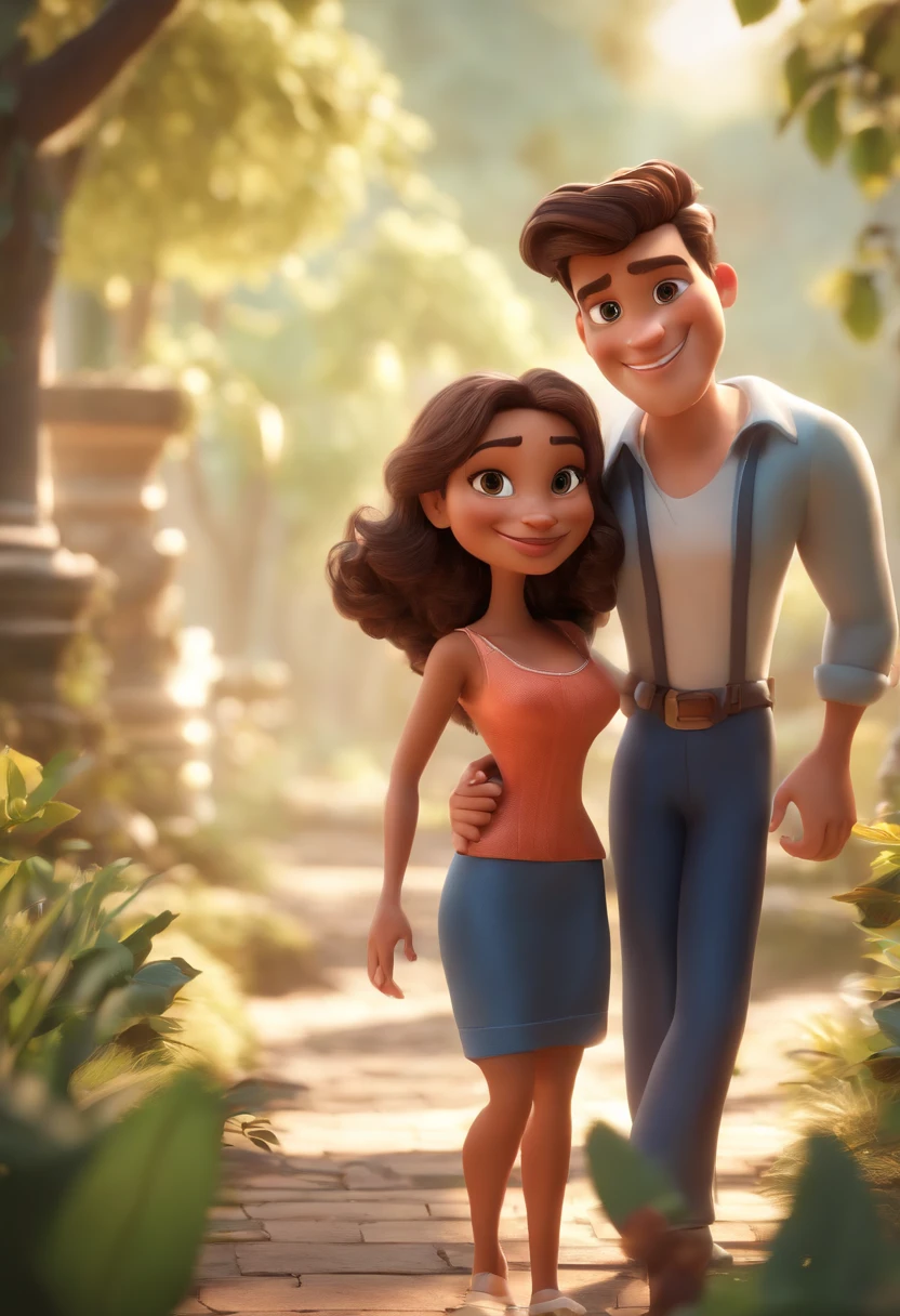 Cartoon character of a couple in romantic pose, de frente um para o outro, o homem com blusa preta e short branco, a mulher com a jardineira preta com blusa branca, se beijando, em um bosque. animation character, Caractere estilizado, animation style rendering, 3D estilizado, Arnold Maya render, 3 d render stylized, toon render keyshot, Personagem 3D, Personagem 3D, 3d rendering stylized, 3 d character render, personagem de desenho animado, Personagem de close up, Pose de personagem, (Estilo Pixar) (master part:1.2) (Bokeh) (best quality) (pele detalhada) (textura detalhada) (8k) (argila) (Cinematic lighting) (foco nítido