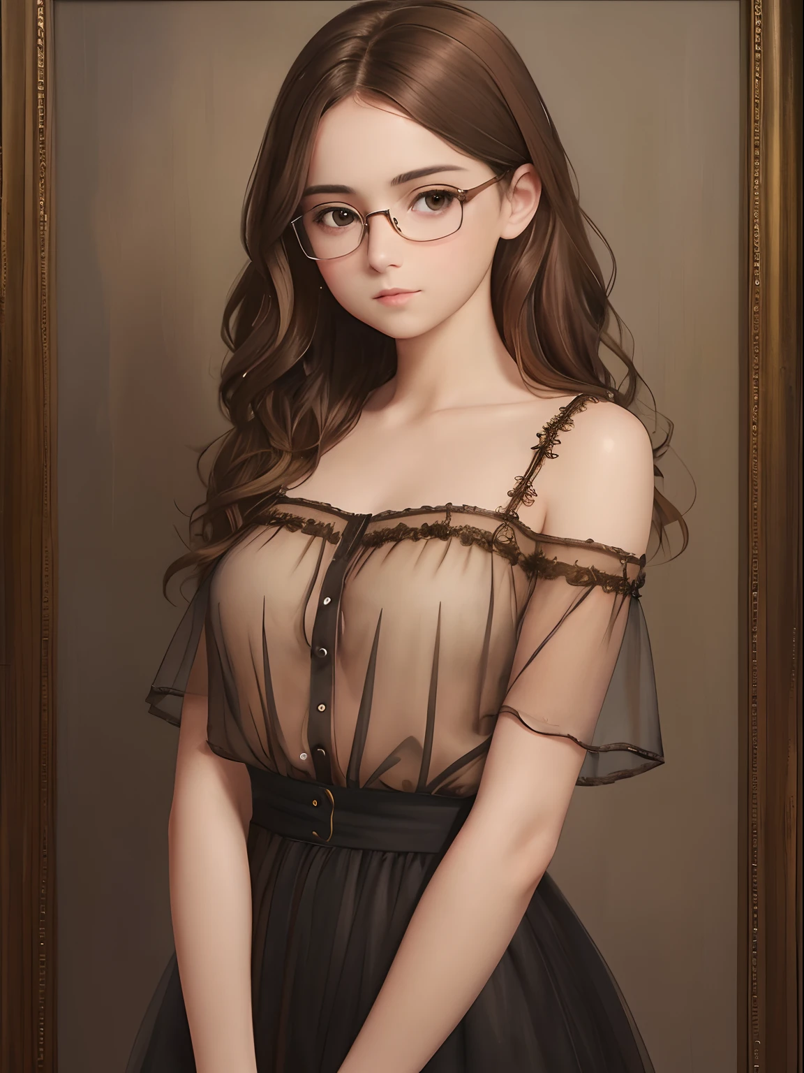 a 1girl, a beautiful -aged girl, extremely small breasts, short wavy brown hair, brown eye, eyeglasses, portraite of a, oil painted, contemporary, Transparent tulle blouse with unbuttoned top button on bare body (Nipples are required), Realistic Proportion, Intricate, intricate detials, sharp-focus