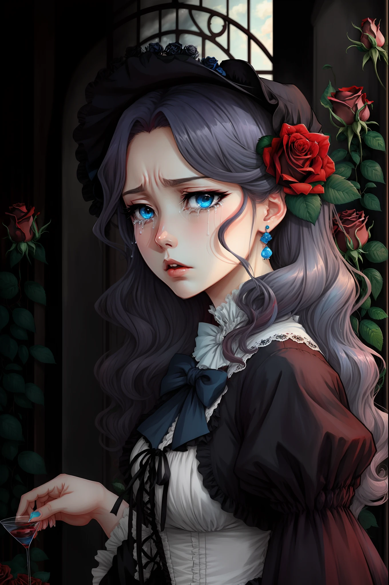 manhwa style Cry, Even Better If You Beg, female gender, American, adult, long wavy carmine red hair, blue eyes, Victorian clothing, elegance among roses.