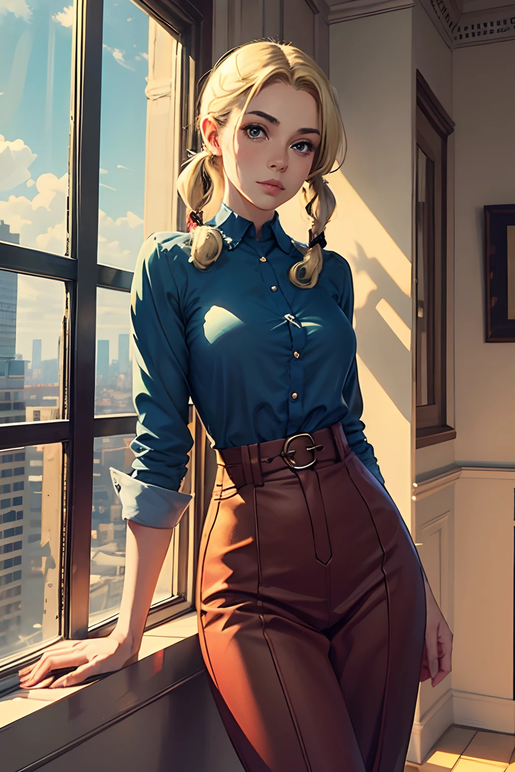 Inspirado na arte de John Buscema,1girl, blonde hair, orelhas pontudas, olhos azuis, elevador de roupas, sozinho, ornamento de cabelo, grampo de cabelo, cabelos longos, Elevador de camisa, pigtail, Olhando para o Viewer, lips, levantado por si mesmo, Horse, parte superior do corpo, umbigo, dia,camisa branca,