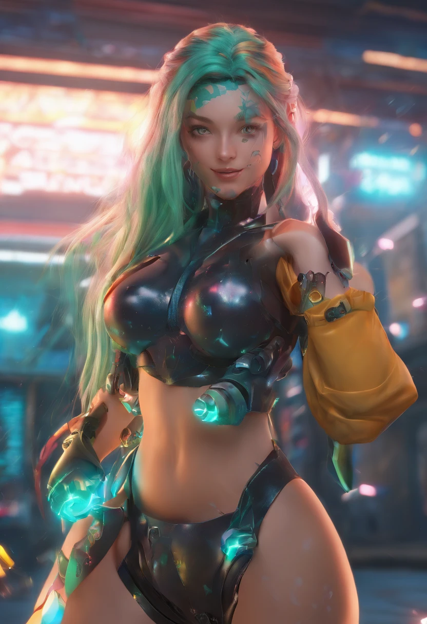 (master part, best quality, 8k, foco nítido, profundidade de campo, Melhores Sombras, luzes perfeitas, HDR, textura de pele realista, fundo ultra-detalhado, circunstanciado), estilo anime, 2 mulheres beijando (um deles tem olhos verdes, pele branca, cabelo preto com rabo de cavalo, Gargantilha, seios pequenos, esguio, maquiagem, delineador, Glitter), (a outra mulher tem cabelos loiros), em uma boate, tema cyberpunk, CIDADE CYBERPUNK.