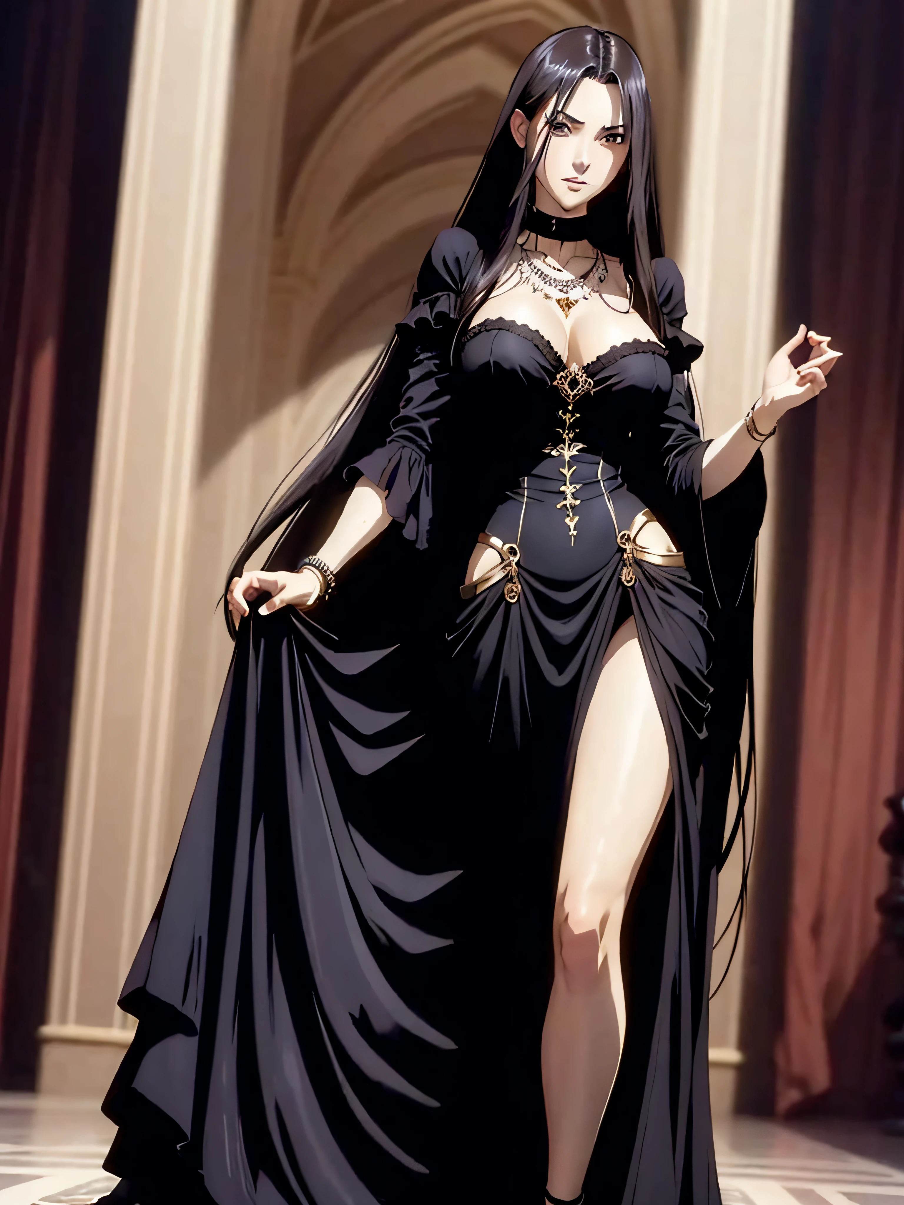masterpiece, best quality, high quality details, 1girl, dark brown eyes, black hair, necklace, gothic dress, shapely legs, tall woman, looking at viewer, bracelet on her right hand, long hair, black heels, black collar, solo, huge breast