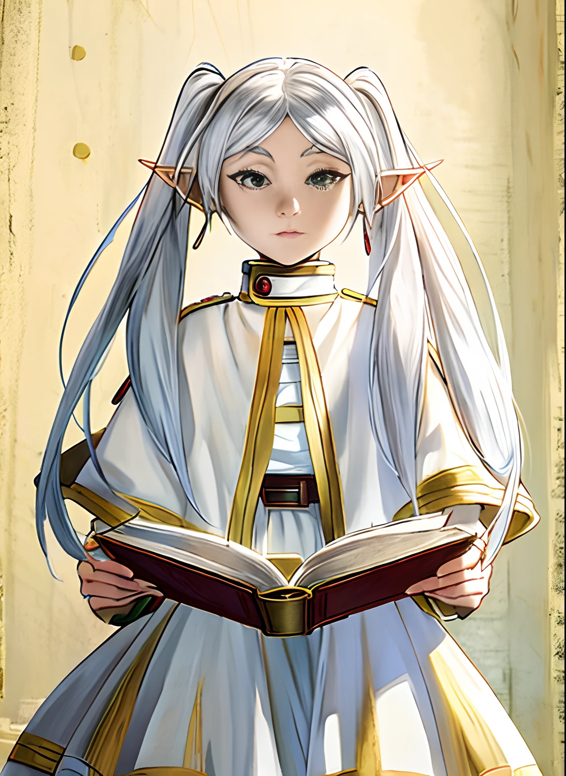 anime girl in a white dress holding a book, dressed like a cleric, rpg book portrait, elf girl, portrait of a young elf wizard, young half elf wizard, white haired deity, old artbook, a portrait of an elf, an elf, lalafell, portrait of an elf, cleric, frieren, 1girl, earrings, elf, long hair, pointy ears, solo, twintails, green eyes, earrings, white hair, looking at viewer