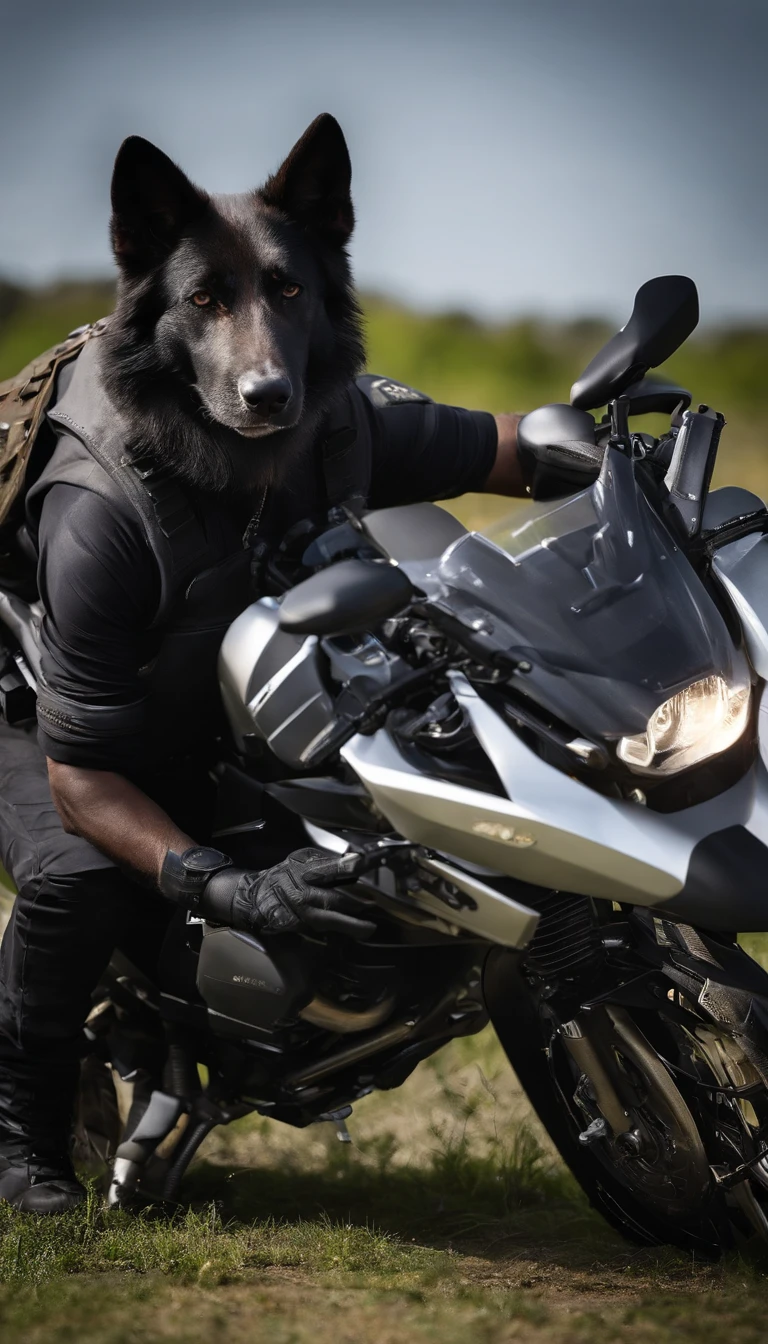 Um wolfdog monta um pavio de motocicleta，Rosto encantador，Usando armadura de batalha，Wear tactical glasses，Artilharia de metralhadora em motocicletas，Pule por uma cidade arruinada，The scene is great，Image is HD，O sentido visual do filme，4k