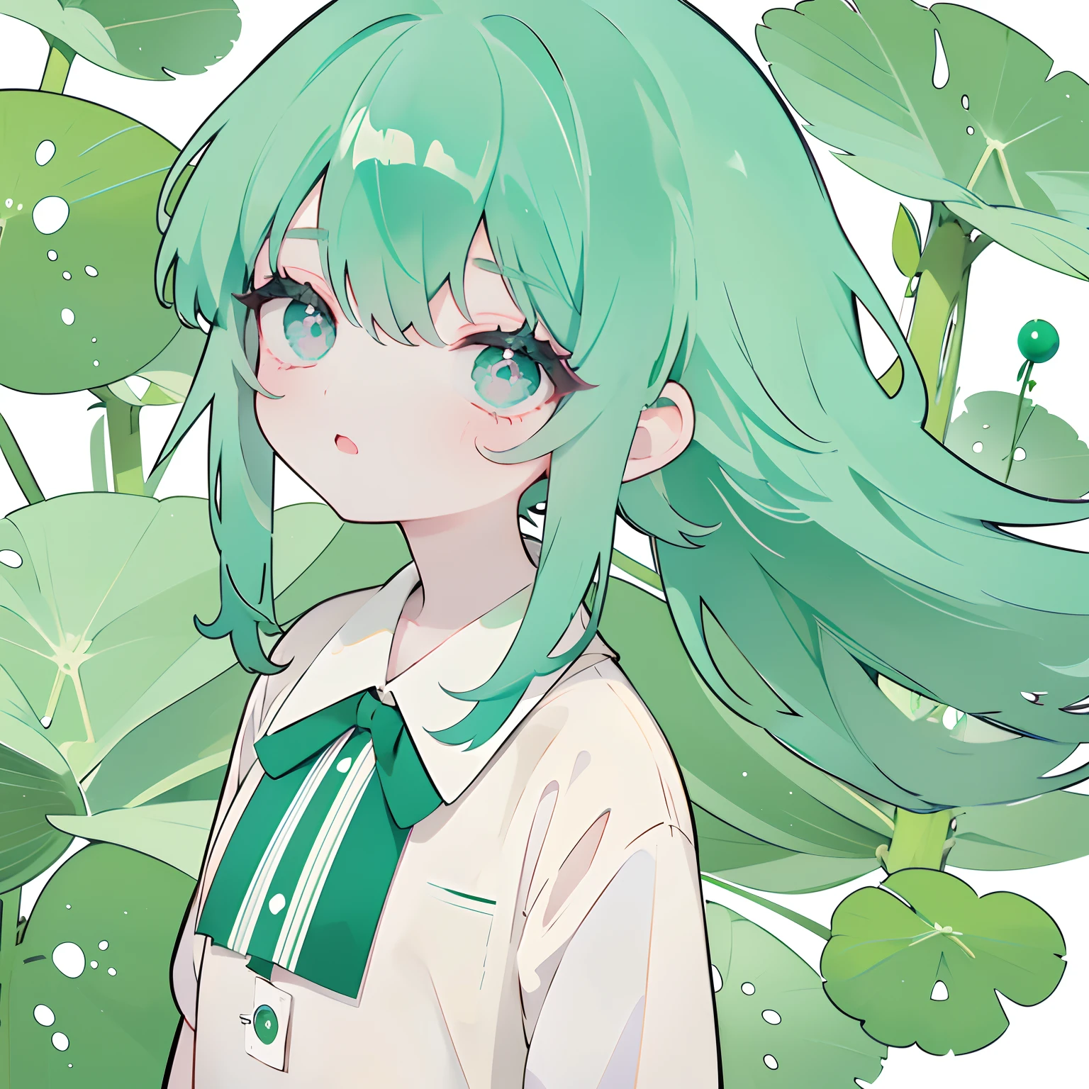 Green hair、(masutepiece、Lori、8K)cute little、Delicate eyes、student clothes、Background Simple、Hairy、Long、Half Twin((1girl in))