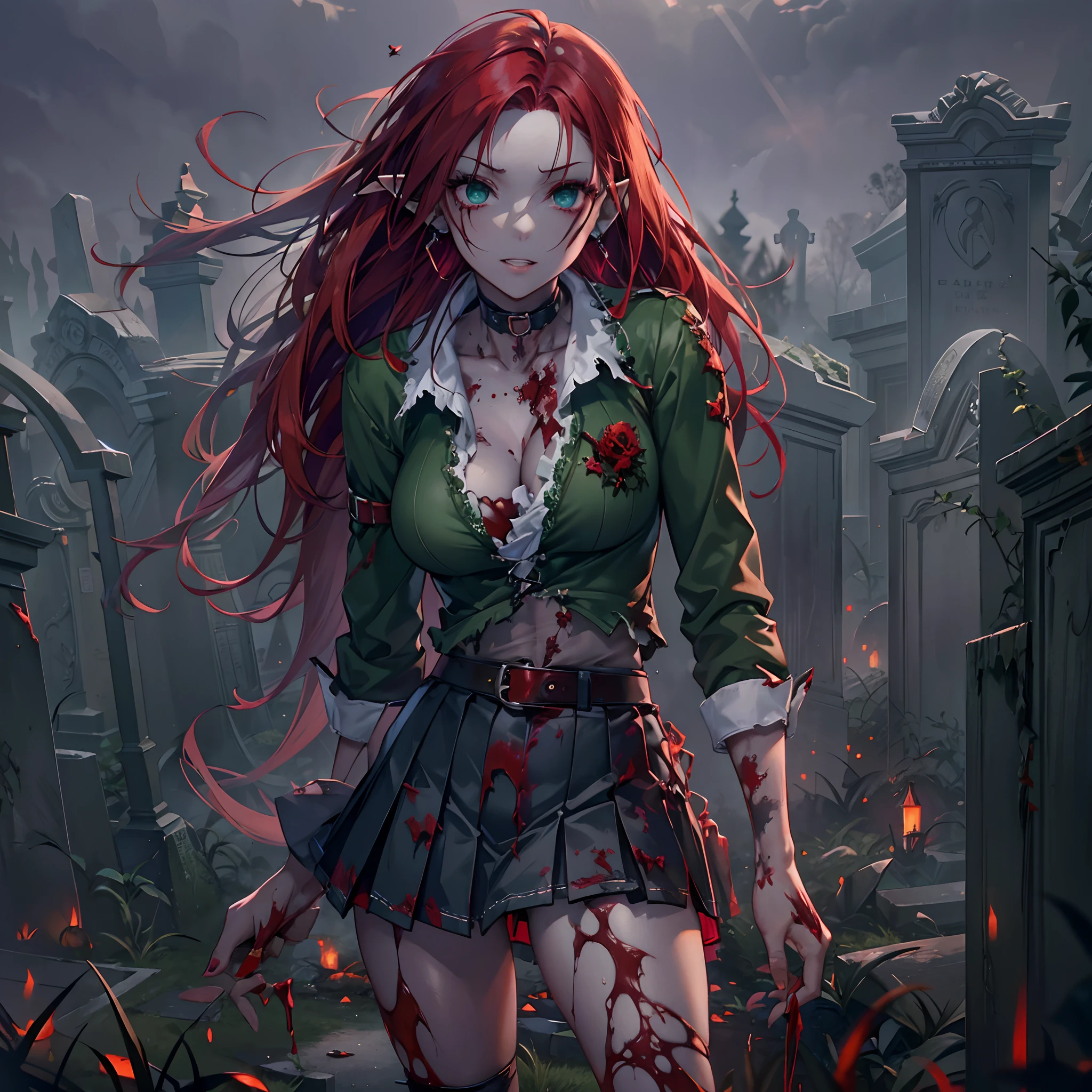 Realistic and detailed image of a zombie elf. Dressed in torn school uniform and ripped pleated mini skirt. Unusually shiny long silky scarlet red hair. Green eyes. She has earrings and long eyelashes. Has full lips. Large breasts, slim waist, very wide hips and thick thighs. Dark smile. Back arched. Dark mood. Foggy night, Halloween. crawling. Cemetery.