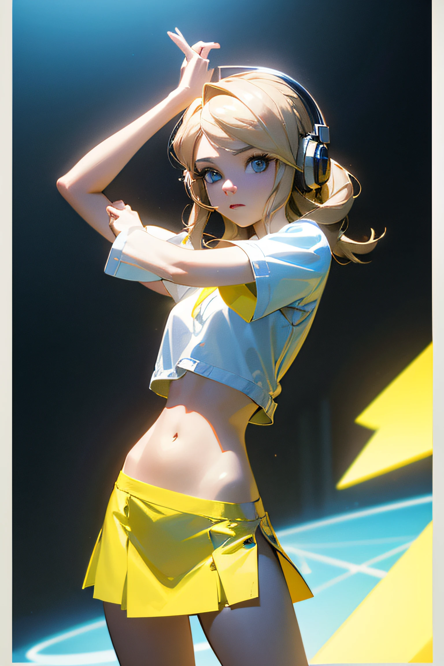 Photo of 18-year-old Olivia Newton-John in a white and yellow miniskirt with headphones、Holding a microphone and singing Navel baring look、Post-singer-style realistic photos、disheveled blonde hair、blue eyess、3d rendered、Cinematic yellow and black light、brilliance、16k resolution、