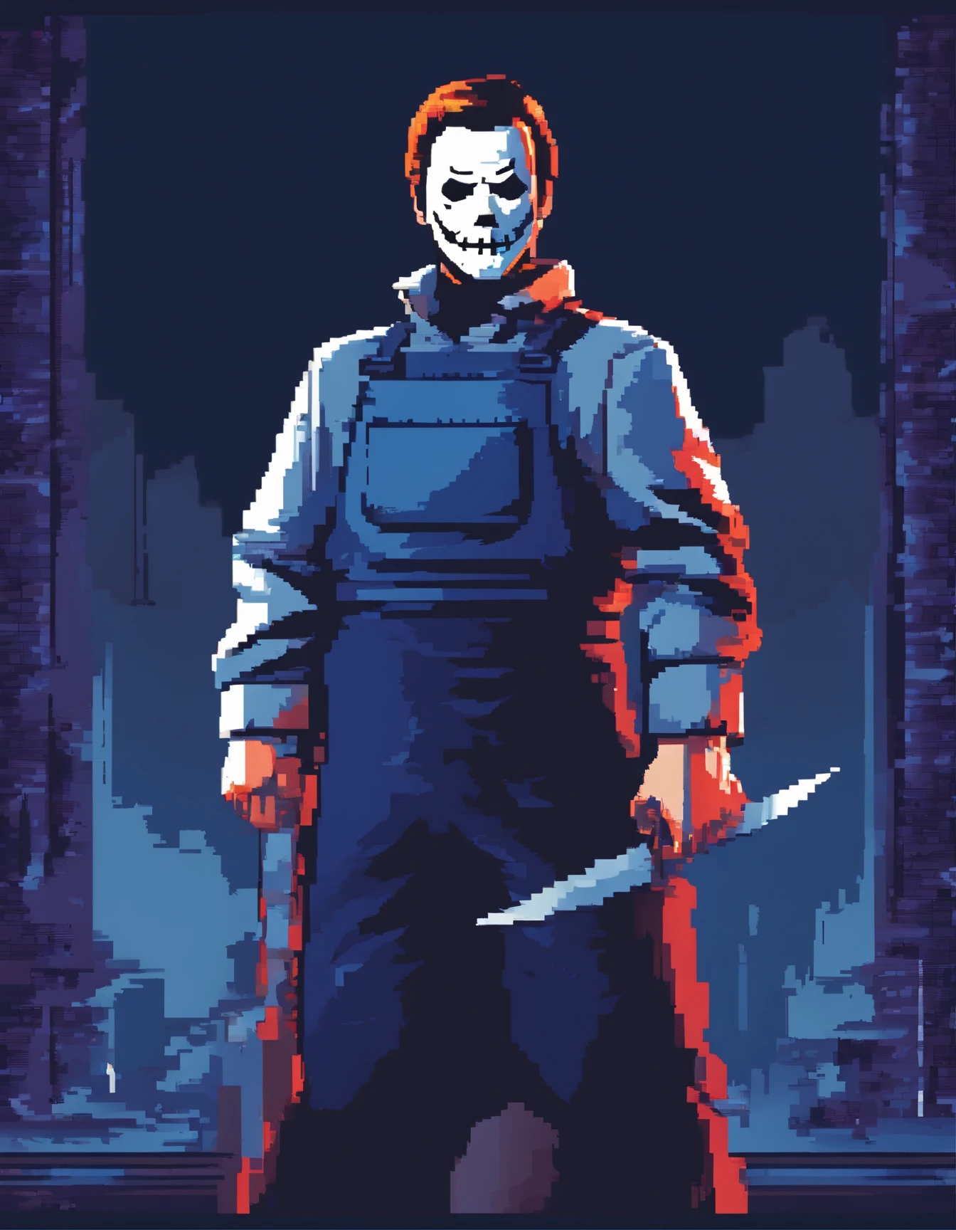 (best quality,realistic:1.37),pixelated image,Micheal Myers,iconic,blue overalls,white mask,knife blade,highlighting,focusing on Michael Myers,character,standing,sinister pose,dark background,tense atmosphere,horror theme,retro aesthetic,low resolution pixel art,sharp edges,colorful pixels,stylized details,cartoonish,evil presence,menacing expression,striking contrast between blue and white,vivid colors,ominous lighting,Halloween inspiration