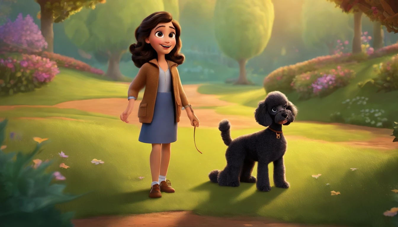 Create posters inspired by Disney Pixar movies, A couple and a medium height、Girl with dark brown hair accompanied, Full lips and dark eyes and a goofy face with a brown poodle puppy girl, Well-groomed fur puppy，Sharp and pointed canine teeth are playing. The title of the poster is "Lily" and the digital art is supposed to be Pixar style, Reminiscent of cartoons.