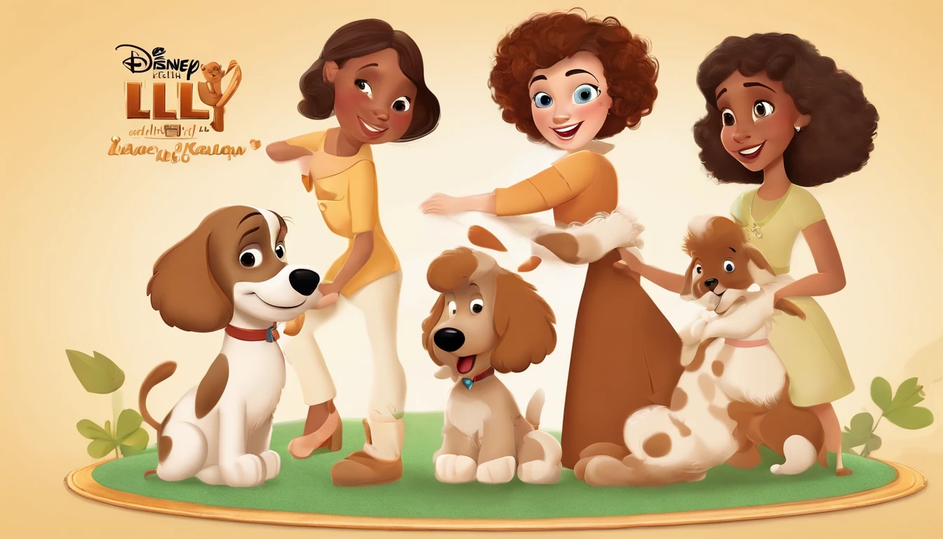 Create posters inspired by Disney Pixar movies, A couple and a medium height、Girl with dark brown hair accompanied, Full lips and dark eyes and a goofy face with a brown poodle puppy girl, Well-groomed fur puppy,Sharp and pointed canine teeth are playing. The title of the poster is "Lily" and the digital art is supposed to be Pixar style, Reminiscent of cartoons.