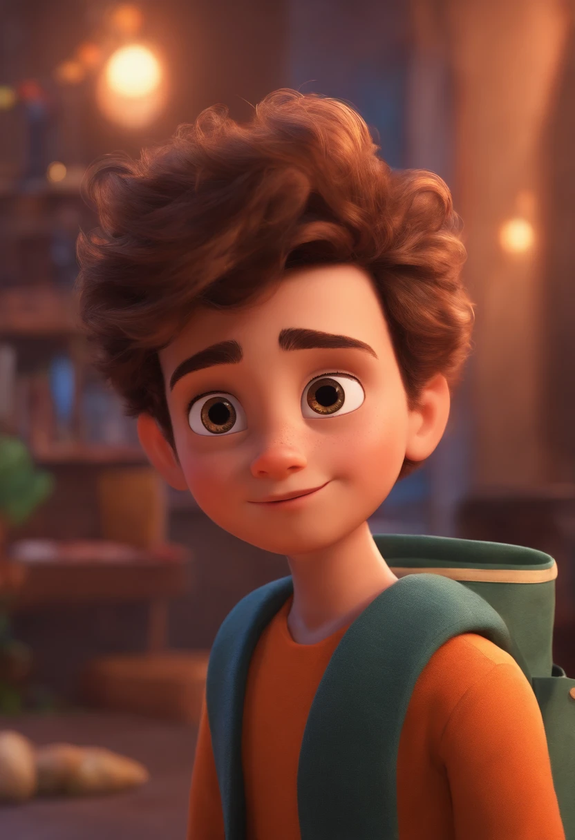 Image of a boy for a story in a YouTube video in Pixar format, He's the little allabester, He's the class leader, He's outgoing, Playful and gets up for a lot of things, cabelo curto