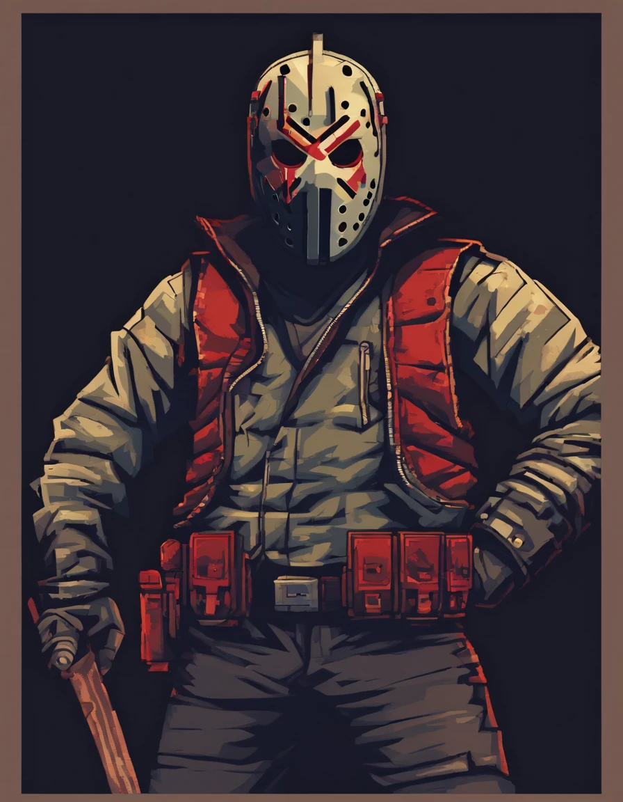 "(best quality,highres:1.2),(realistic:1.37),pixelated representation,pixel art:1.1,Jason Voorhees character, iconic hockey mask,bloody machete,dark and terrifying atmosphere,nighttime scene,horror genre,ominous lighting,menacing pose,details of the mask,cracked and weathered texture,intense gaze,ominous shadows,slasher villain,gritty and gritty style,campground background,concealing the face of Jason,ominous expression,sharp and jagged lines,low-polygon art,retro video game style,dark color palette,foreboding presence"