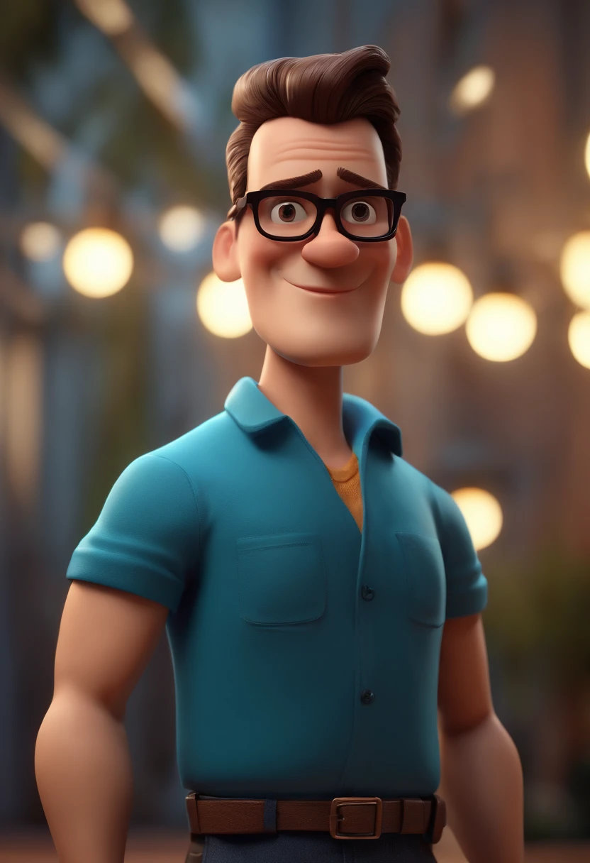 Cartoon character of a man with black glasses and a blue shirt, animation character, Caractere estilizado, animation style rendering, 3D estilizado, Arnold Maya render, 3 d render stylized, toon render keyshot, Personagem 3D, Personagem 3D, 3d rendering stylized, 3 d character render, personagem de desenho animado, Personagem de close up, Pose de personagem, (Estilo Pixar) (master part:1.2) (Bokeh) (best quality) (pele detalhada) (textura detalhada) (8k) (argila) (Cinematic lighting) (foco nítido