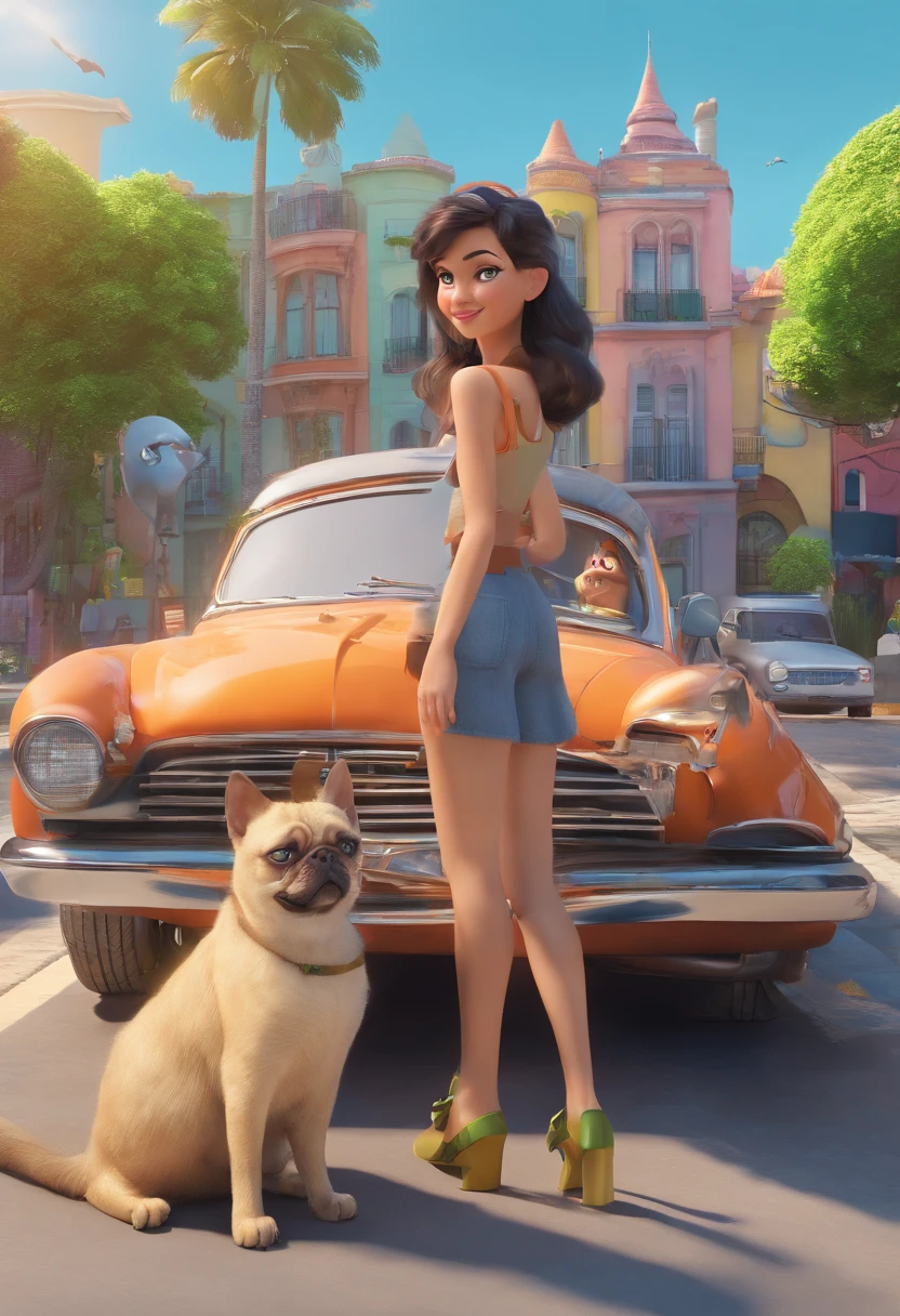 Estilo Pixar: mulher cabelo loiro cimprido, fofinha, baixinha , Green eyes with an apricot Pug and two Siamese cats in gray color with background a black car with sunroof
