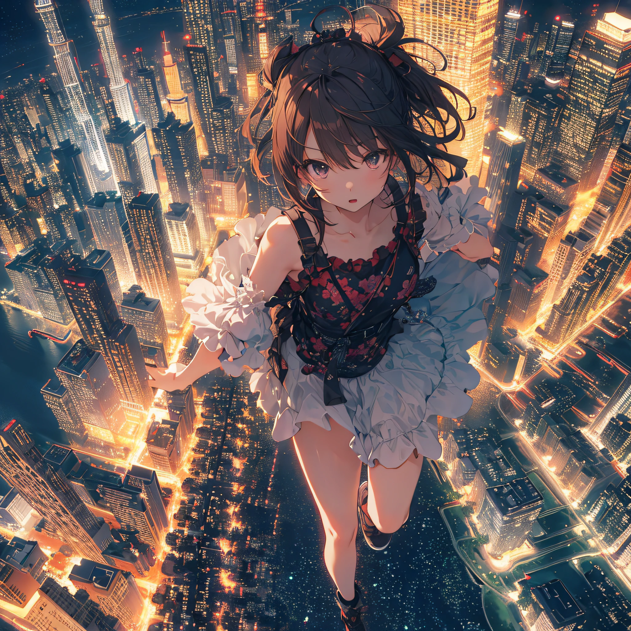 ultra detailed game CG, (High resolution:1.1),(absurderes:1.1), 1girl in, Little Girl, Dynamic Poses,Solo, Simple Anime, nightcity, Overlooking the night view from a height