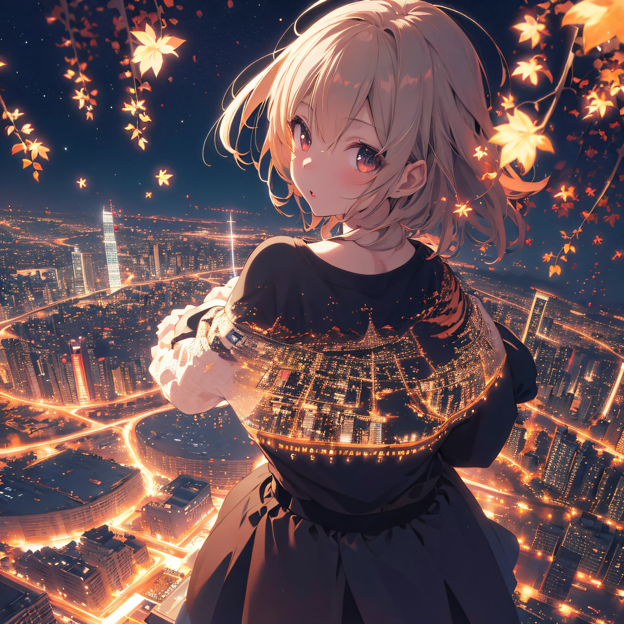 ultra detailed game CG, (High resolution:1.1),(absurderes:1.1), 1girl in, Little Girl, Dynamic Poses，Solo, Simple Anime, nightcity, Overlooking the night view from a height