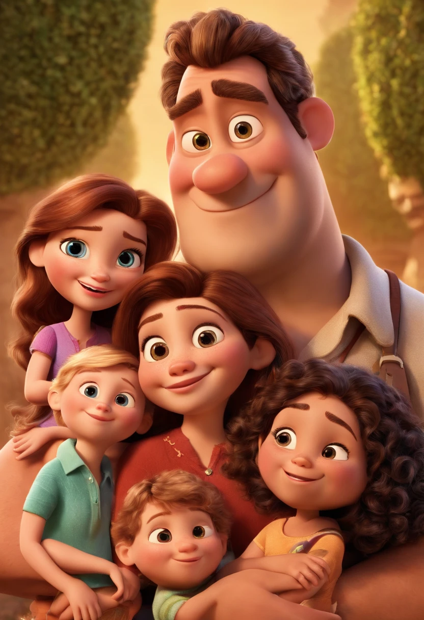 a Disney Pixar movie poster showing a white-skinned family. The father is the tallest, Tem barba curta, loiro, cabelos curtos e espinhosos. The mother has brown eyes and hair, shoulder-length and is slightly overweight. A menina tem 4 anos e cabelos castanhos, roupa rosa e rabos de cavalo. The background is a beach garden. 3D-rendering