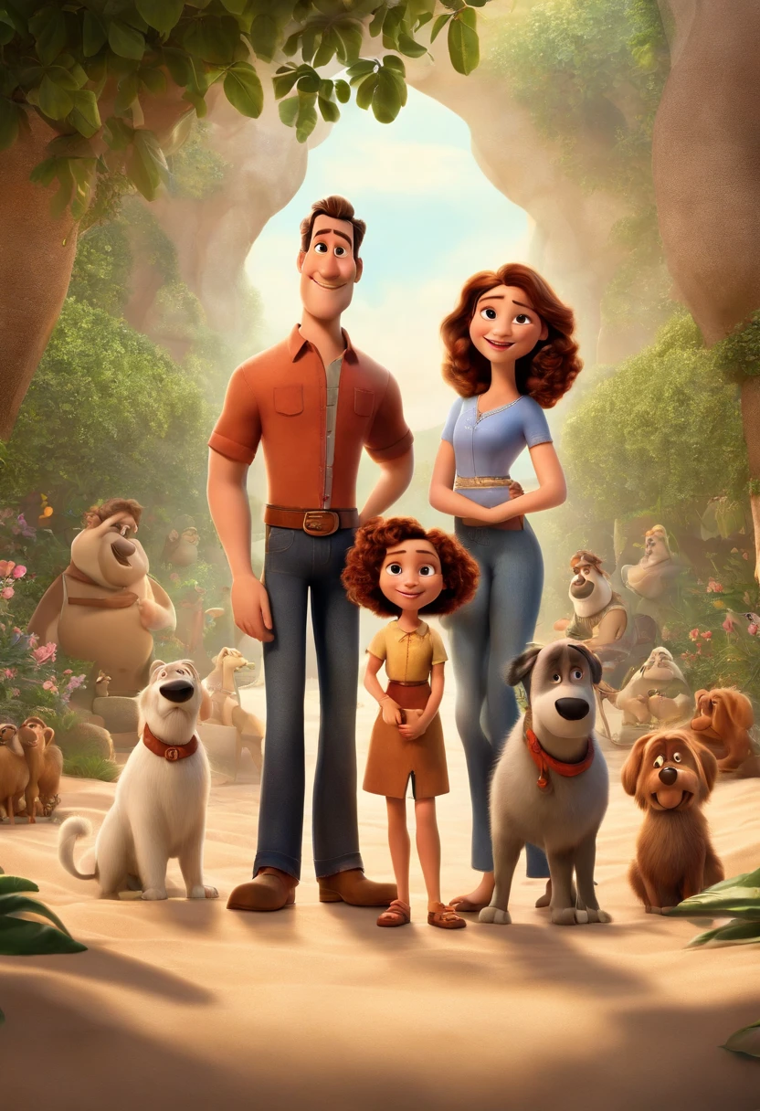 a Disney Pixar movie poster showing a white-skinned family. The father is the tallest, Tem barba curta, loiro, cabelos curtos e espinhosos. The mother has brown eyes and hair, shoulder-length and is slightly overweight. A menina tem 4 anos e cabelos castanhos, roupa rosa e rabos de cavalo. The background is a beach garden. 3D-rendering