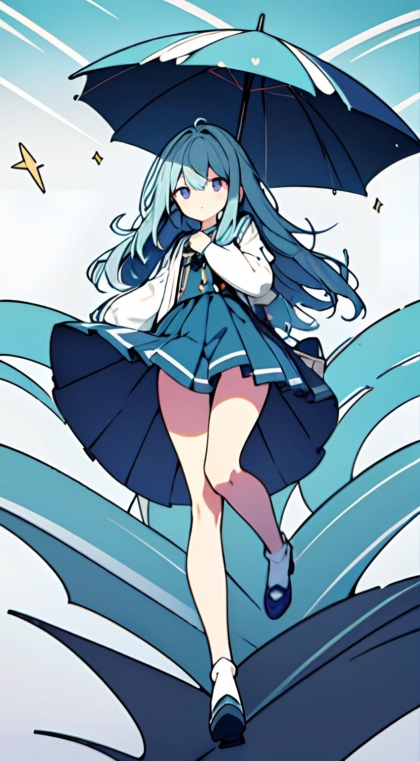 Super ultra happy cute girl, with wolf ears and blue hair, holding her dress, wolf tail, wearing a white summer dress, looking at veiwer, full body, upskirt, striped blue and white panties, sneakers, blushing