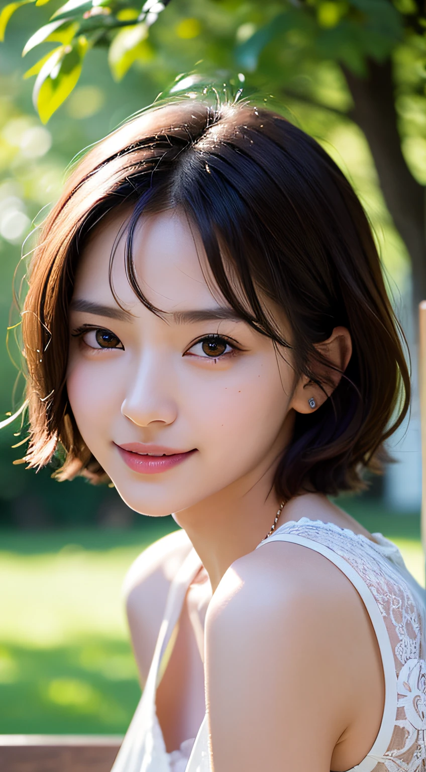 masterpiece, Best quality, Raw photorealism, Smile, Beautiful girl, Cute, Short hair, small breasts, depth of field, High resolution, Ultra detail, Very detailed eyes and face, Sharp pupils, Realistic pupils, Sharp focus, Movie lighting,detailed background, in a park,picnic, sitting on bench, grasses, spring feeling,