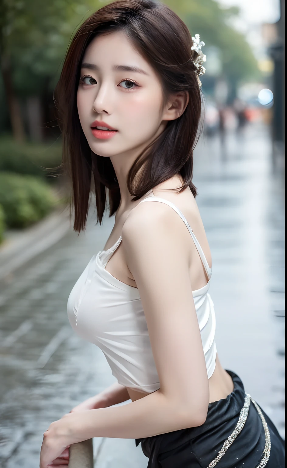 ((Best Quality, 8k, Masterpiece: 1.3)), Focus: 1.2, Perfect Body Beauty: 1.4, Buttocks: 1.2, ((Layered Haircut)), (Wet Clothes: 1.1), (Rain, Street:1.3), (Breasts: 1.2), (Hanfu: 1.2), Bare Shoulders, Bare Legs, Highly Detailed Face and Skin Texture, Fine Eyes, Double Eyelids, Whitened Skin, Long Hair, (Shut Up: 1.5), (Bokeh Background: 1.5), Big Breasts