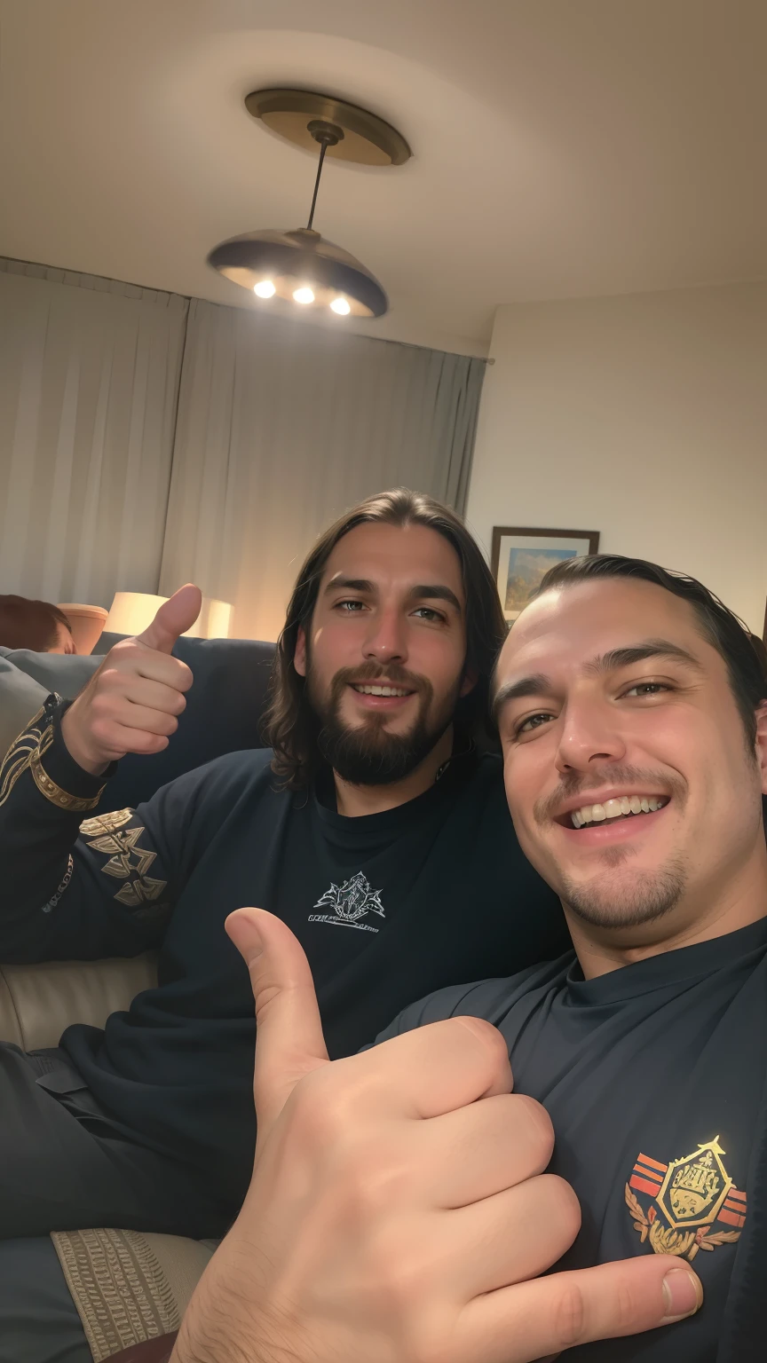 There's two men sitting on a couch with their thumbs up, Greg Rutkowski e Alex Ross, Vitaly Bulgarov e Mike Nash, Alex Horley e Jimmy Nelson!, com verruga, Gustave Dore e Greg Rutkowski, Pino Daeni e Dan Mumford, Greg Rutkowski e Ilya Repin, Nixeu e Greg Rutkowski