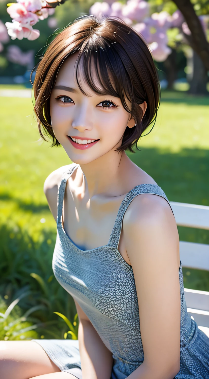 masterpiece, Best quality, Raw photorealism, Smile, Beautiful girl, Cute, Short hair, small breasts, depth of field, High resolution, Ultra detail, Very detailed eyes and face, Sharp pupils, Realistic pupils, Sharp focus, Movie lighting,detailed background, in a park,picnic, sitting on bench, grasses, spring feeling,