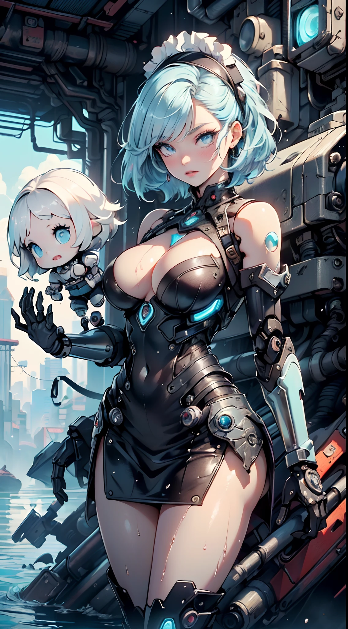 (cyborg girl),(cyborg girl:1.5),maid android,((1girl)),((mechanical robot girl with extremely cute and beautiful pale blue hair)),
(large breasts:1.4),saggy breasts,(((pale blue bob hair:1.35,colored inner hair,short hair,ear breathing))),(((doll))),((pale white skin,doll joints:1.5,mechanical hands:1.5)),((silver armored dress,tesla coils)),((maid mechanical doll:1.5,body of a machine:1.5,metallic skin,ball joint,cyborg:1.5, robotic parts:1.5,robot:1.5,mechanical joints: 1.4,mechanical limbs)),(((pale_blue_eyes:1.3))),intricate eyes,beautiful detailed eyes,symmetrical eyes,((fat)),(((lustrous skin:1.5,bright skin: 1.5,shiny skin,very shiny skin,shiny body,plastic glitter skin,exaggerated shiny skin,illuminated skin,wet legs))),(spider lower abdomen,narrow waist,wide hip,detailed body,(detailed face)),
cute,slutty,seductive,erotic,((nsfw)),
(maid headdress),bare_shoulders,delicate metal decorations,Headdress,(maid),sleeveless,miniskirt,boots,cleavage_cutout,bare_legs,((wet clothes,intricate outfit,intricate clothes,intricate details)),
(dynamic pose:1.0),embarrassed,(centered,scale to fit dimensions,Rule of thirds),
cyberpunk city by the ocean at night, with bright neon signs and dark stormy clouds and puddles, scenery:1.25,
artistic photography,(photography taken by sldr),highres, sharp focus, (ultra detailed, extremely detailed), (photorealistic artwork:1.37),(extremely detailed CG unity 8k wallpaper),((synthwave background theme)),(((vibrant colors))),(intricate background),(masterpiece),(best quality),