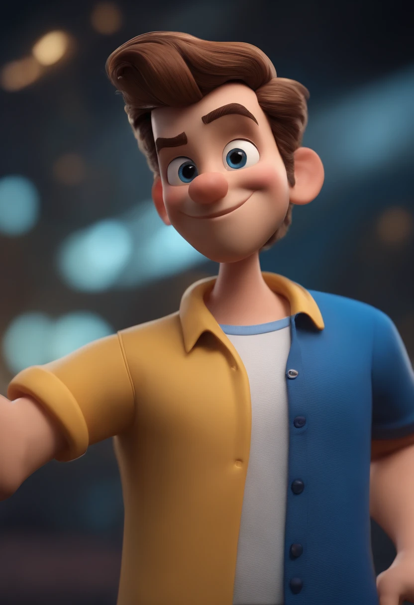 personagem dos desenhos animados de um homem com uma camisa azul, animation character, Caractere estilizado, animation style rendering, 3D estilizado, Arnold Maya render, 3 d render stylized, toon render keyshot, Personagem 3D, Personagem 3D, 3d rendering stylized, 3 d character render, personagem de desenho animado, Personagem de close up, Pose de personagem, (Estilo Pixar) (master part:1.2) (Bokeh) (best quality) (pele detalhada) (textura detalhada) (8k) (argila) (Cinematic lighting) (foco nítido) careca barba curta ficando grisalha