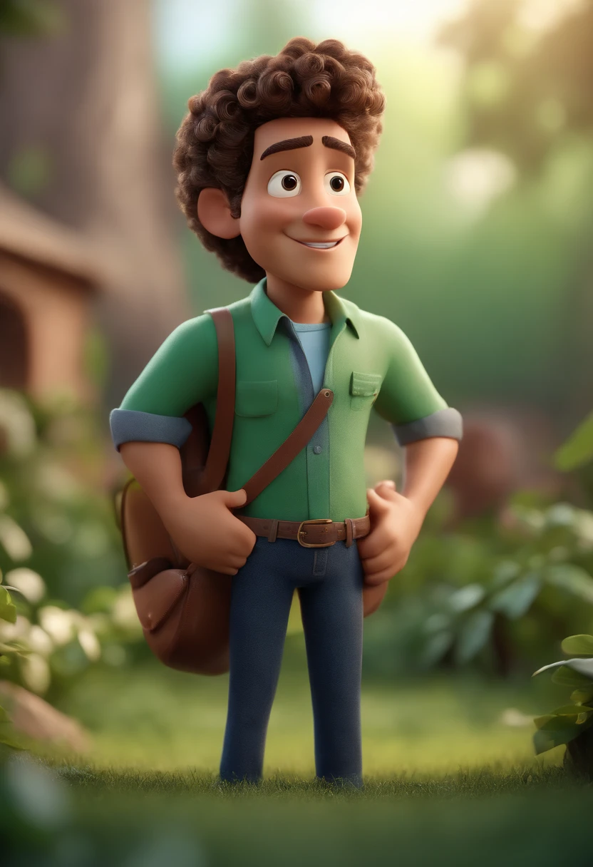 Cartoon character of a man with curly hair and a green button-down shirt, animation character, Caractere estilizado, animation style rendering, 3D estilizado, Arnold Maya render, 3 d render stylized, toon render keyshot, Personagem 3D, Personagem 3D, 3d rendering stylized, 3 d character render, personagem de desenho animado, Personagem de close up, Pose de personagem,  (Estilo Pixar) (master part:1.2) (Bokeh) (best quality) (pele detalhada) (textura detalhada) (8k) (argila) (Cinematic lighting) (foco nítido