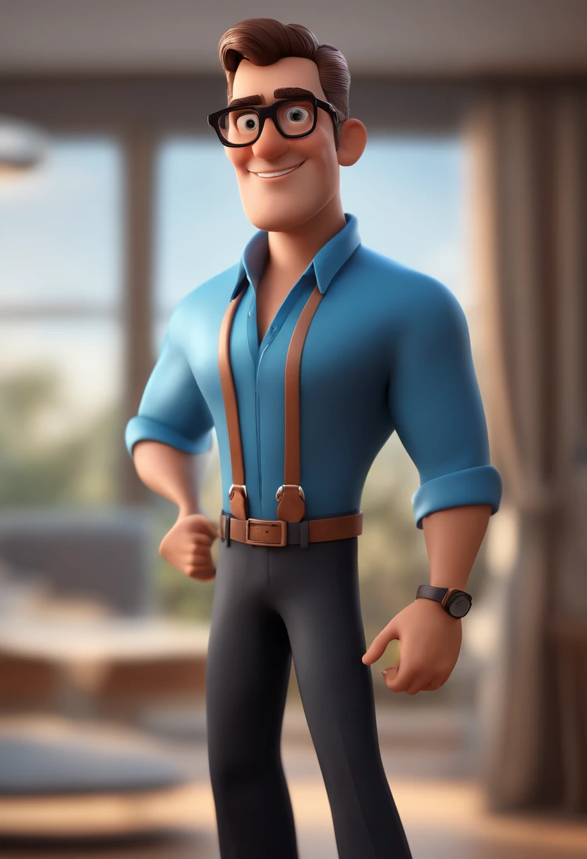 Cartoon character of a man with black glasses and a blue shirt, animation character, Caractere estilizado, animation style rendering, 3D estilizado, Arnold Maya render, 3 d render stylized, toon render keyshot, Personagem 3D, Personagem 3D, 3d rendering stylized, 3 d character render, personagem de desenho animado, Personagem de close up, Pose de personagem,  (Estilo Pixar) (master part:1.2) (Bokeh) (best quality) (pele detalhada) (textura detalhada) (8k) (argila) (Cinematic lighting) (foco nítido