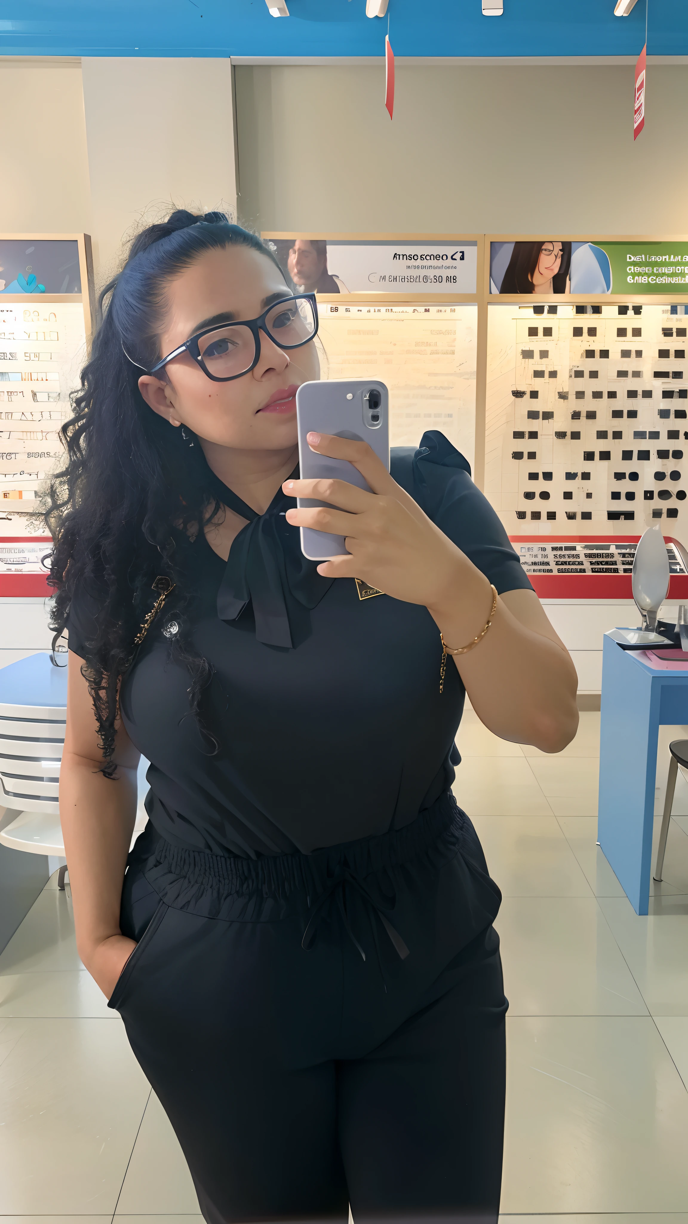 mulher tirando uma selfie em uma loja com um telefone celular, Directed by: Nandor Soldier, imagem de qualidade muito baixa, !!wearing modern glasses!!, wearing small round glasses, tirado no iphone 1 3 pro, some glints and specs, with sun glasses, thick glasses, girl with glasses, tirado no iphone  pro, imagem frontal