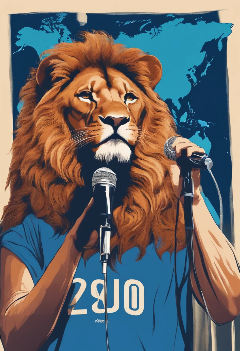 Youth leader of evangelical church with t-shirt with image of lion holding microphone behind pupito and on background all blue world map.