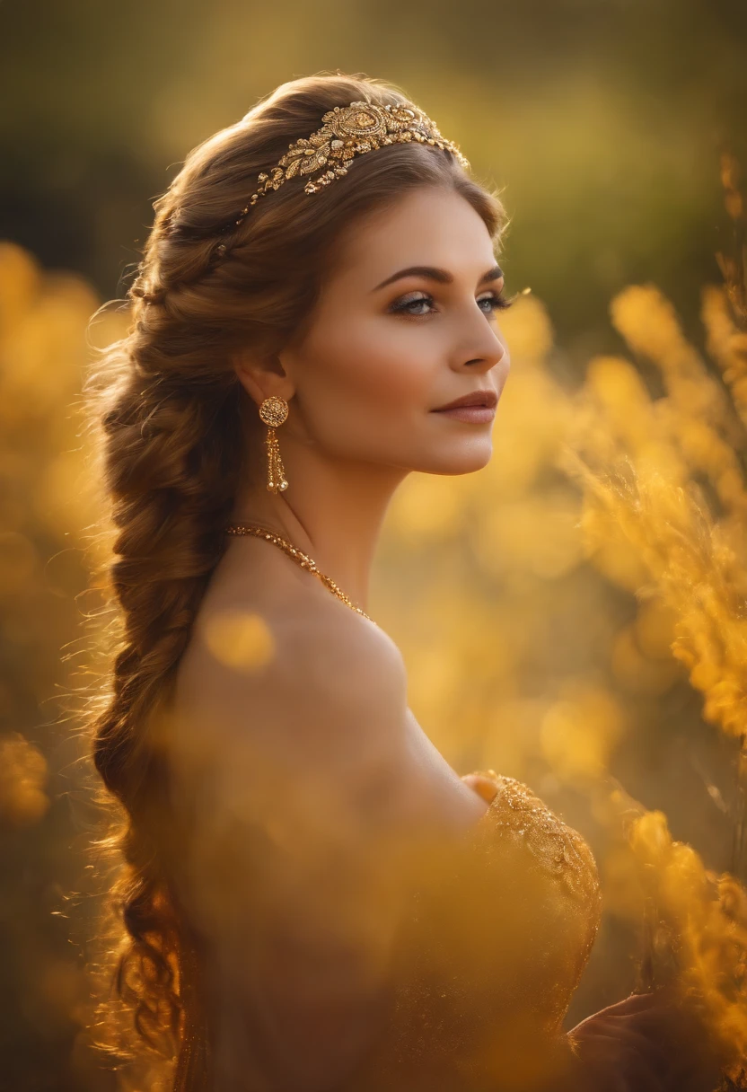 Excelente Obra-Prima, parte superior do corpo, (adulto: 1.6) Hungarian woman, (Risadinha: 0.4), arms behind her head, Golden braids, olhos brilhantes, Vestido de sol vitoriano, Floating particles of light, Centrado, Adicionado detalhe facial
