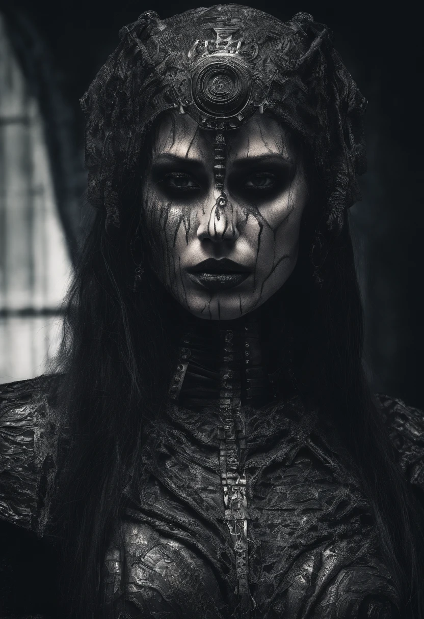 gothic girl, looking at viewer, sexy, hot body, black lace dress, tulle, full black lips, eye drawing, tuxedo eyes, long fluffy lashes, in the style of esao andrews, high-detailed skin structure