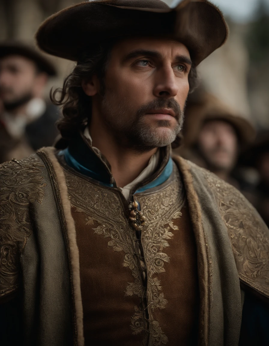 cinematic portrayal, parte superior do corpo, rosto, facing the audience, (realidade :1.3), uma das obras mais bonitas do mundo, A man looks at the camera, trajes medievais, (roupas velhas danificadas e desgastadas :1.4), rosto bonito detalhado, Action Shooting, Fundo antigo da cidade, fotos realistas, CG, Art Station