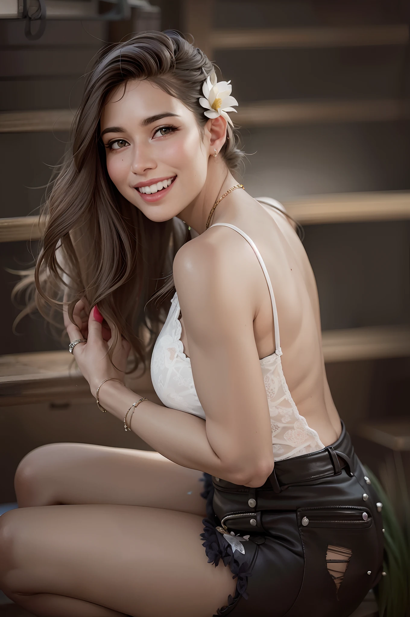mulher arafed sentada em degraus com uma flor em seus cabelos, bonito e sorridente, flor em seu cabelo, lotus floral crown girl, Kailee Mandel, Violeta Myers, Pokimane, Retrato Sophie Mudd, Alanis Guillen, dramatic smiling pose, mulher jovem bonito, Pose casual, Lorena Avarez, She's smiling 3d pixar