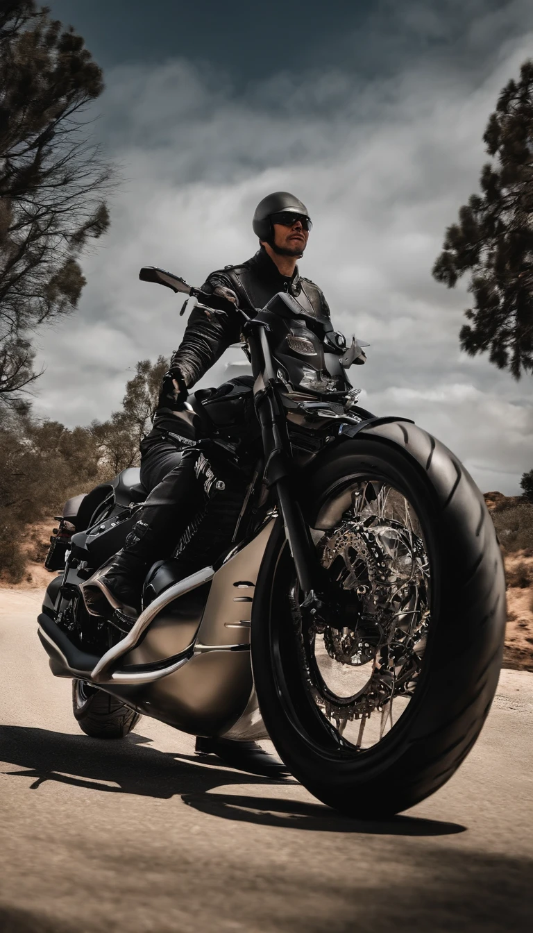 Um wolfdog monta um pavio de motocicleta，Rosto encantador，Usando armadura de batalha，Wear tactical glasses，Artilharia de metralhadora em motocicletas，Pule por uma cidade arruinada，The scene is great，Image is HD，O sentido visual do filme，4k