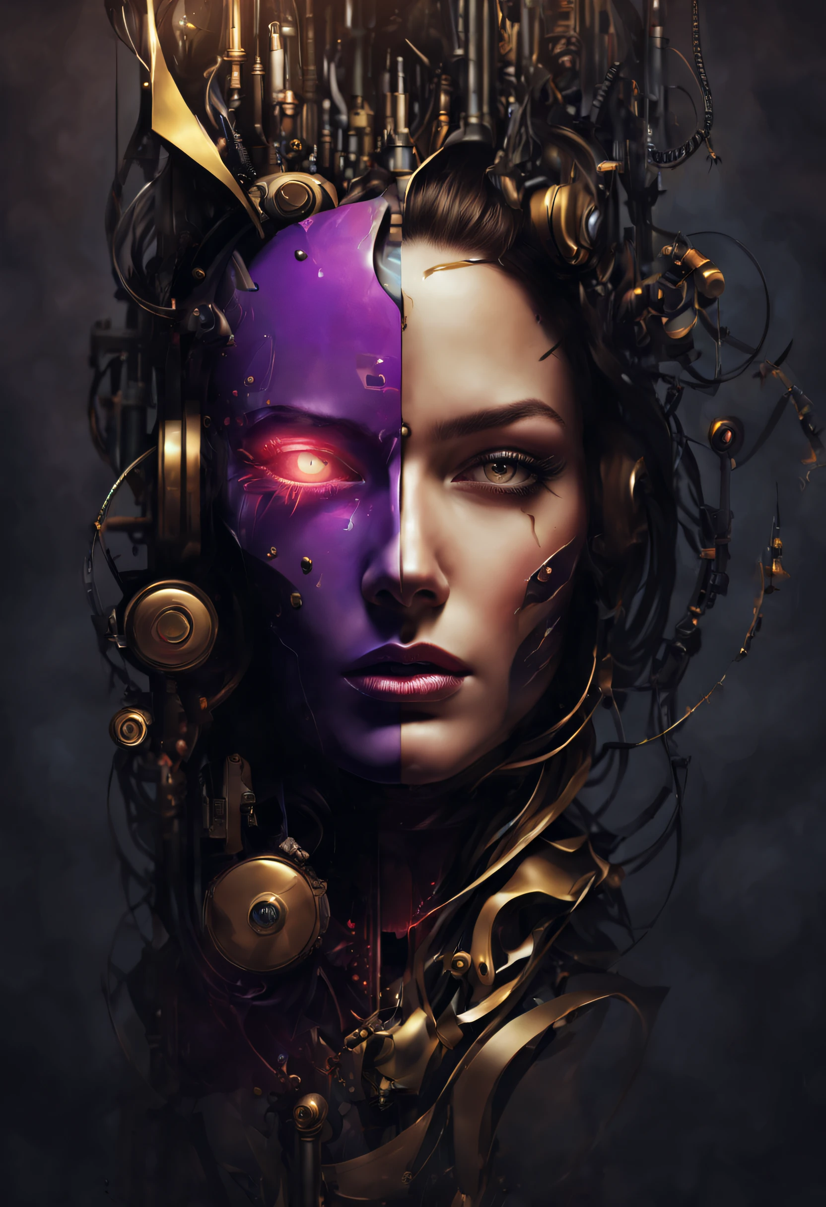 Depict face emerging from the shadows, magazine cover, poster art, robot girl, hint of vibrant