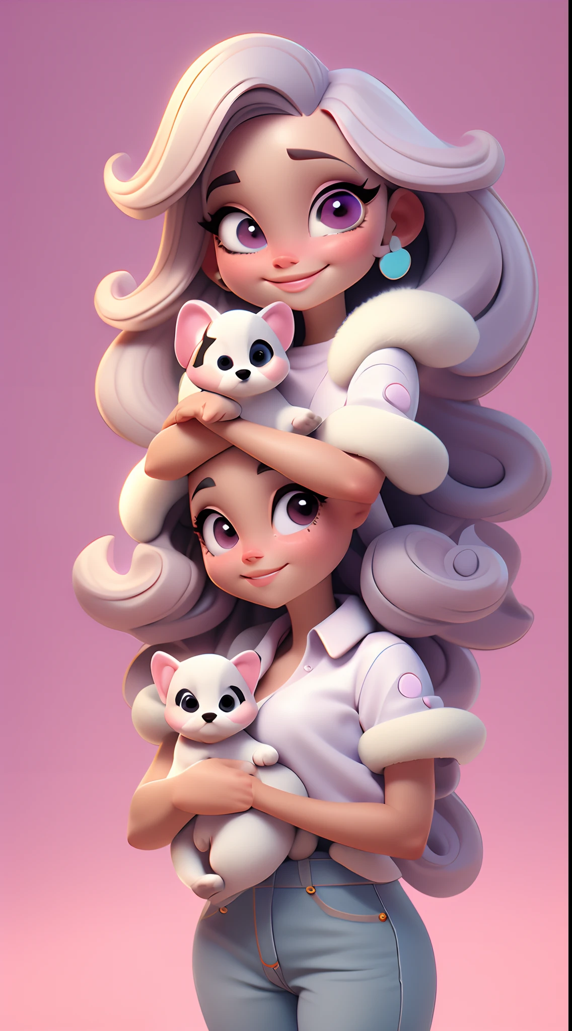 Raise two baby chibi girls, pele morena, cabelos pretos, olhos castanhos, sorriso timido, dressed in denim jumpsuits, light pink blouse, Gradient background in shades of lilac, de corpo inteiro, de tenis branco, Holding a beautiful white fur shitzu puppy. Detalhes perfeitos