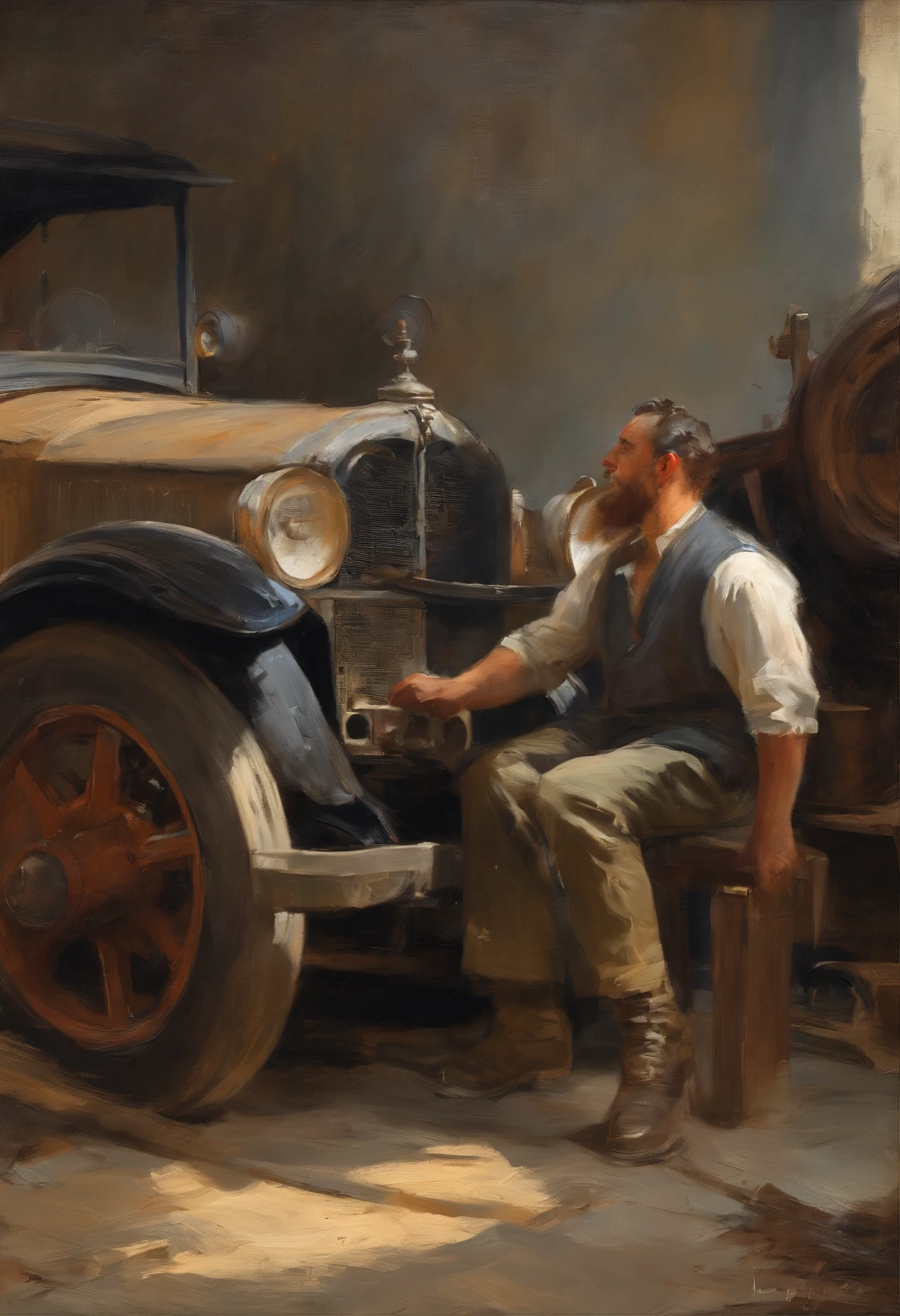 obra prima、qualidade superior、piece、um close-up、com luz brilhante、felicidade、Cool morning sun、(spark:0.7) 、passear、Paisagens dois homens jovens, bonitos trabalhando em um carro em uma garagem, Mechanicalgirl, mechnical, inspect in inventory image, maintenance, advanced technique, editing, automotivo, Directed by: Matias Jama, charismatic young mechanic, ombro na frente pose, Foto de Stock, maintenance photo, conhecimento intenso, trabalho profissional, highly technical, fundo interessante, Shutterstock, Directed by: Oskar Lüthy