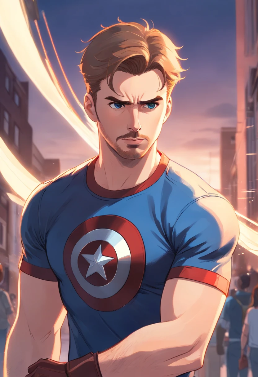 "A detailed illustration of Chris Evans as Captain America wearing a t-shirt, Olhando para o horizonte."